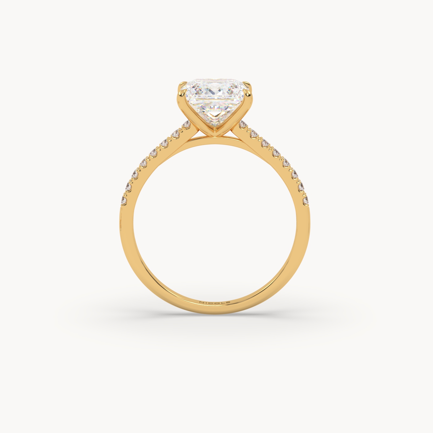 18k yellow gold  petite pavé cathedral engagement ring for 2.0 ct princess diamond