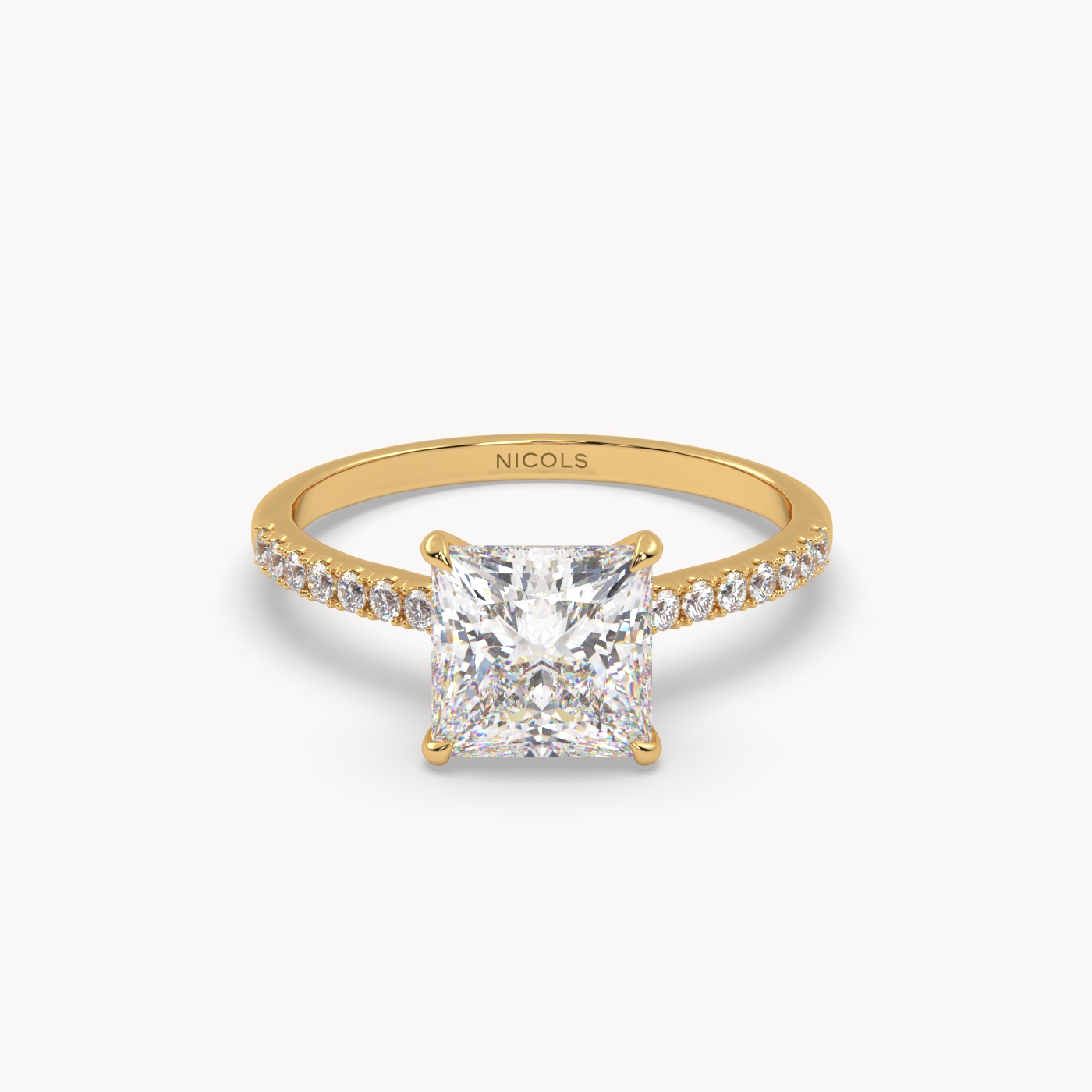 18k yellow gold  petite pavé cathedral engagement ring for 2.0 ct princess diamond
