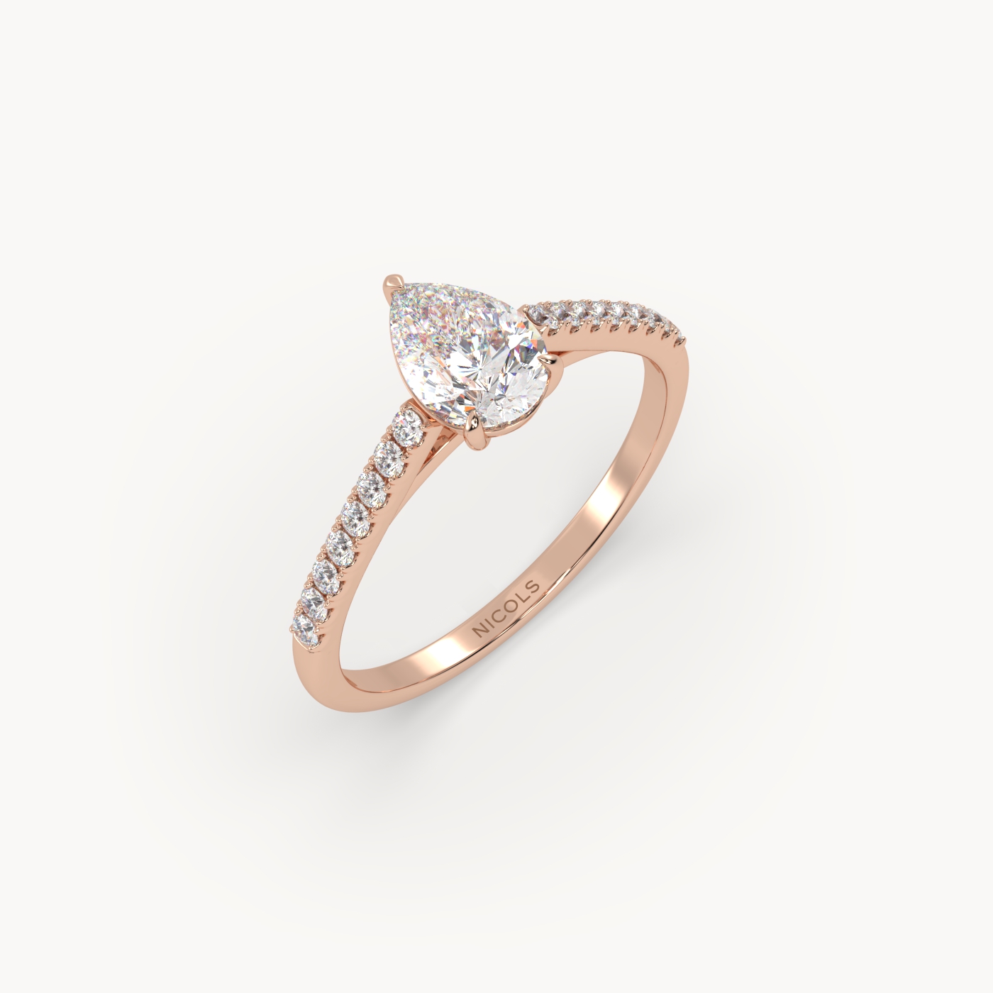 18k rose gold  petite pavé cathedral engagement ring for 0.70ct pear diamond cut