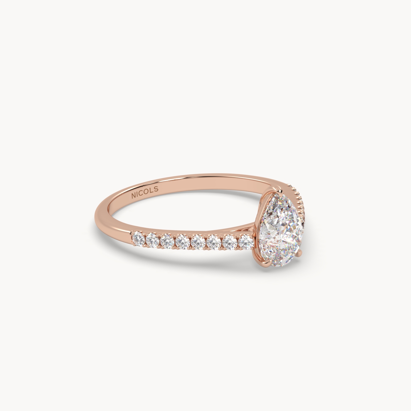 18k rose gold  petite pavé cathedral engagement ring for 0.70ct pear diamond cut