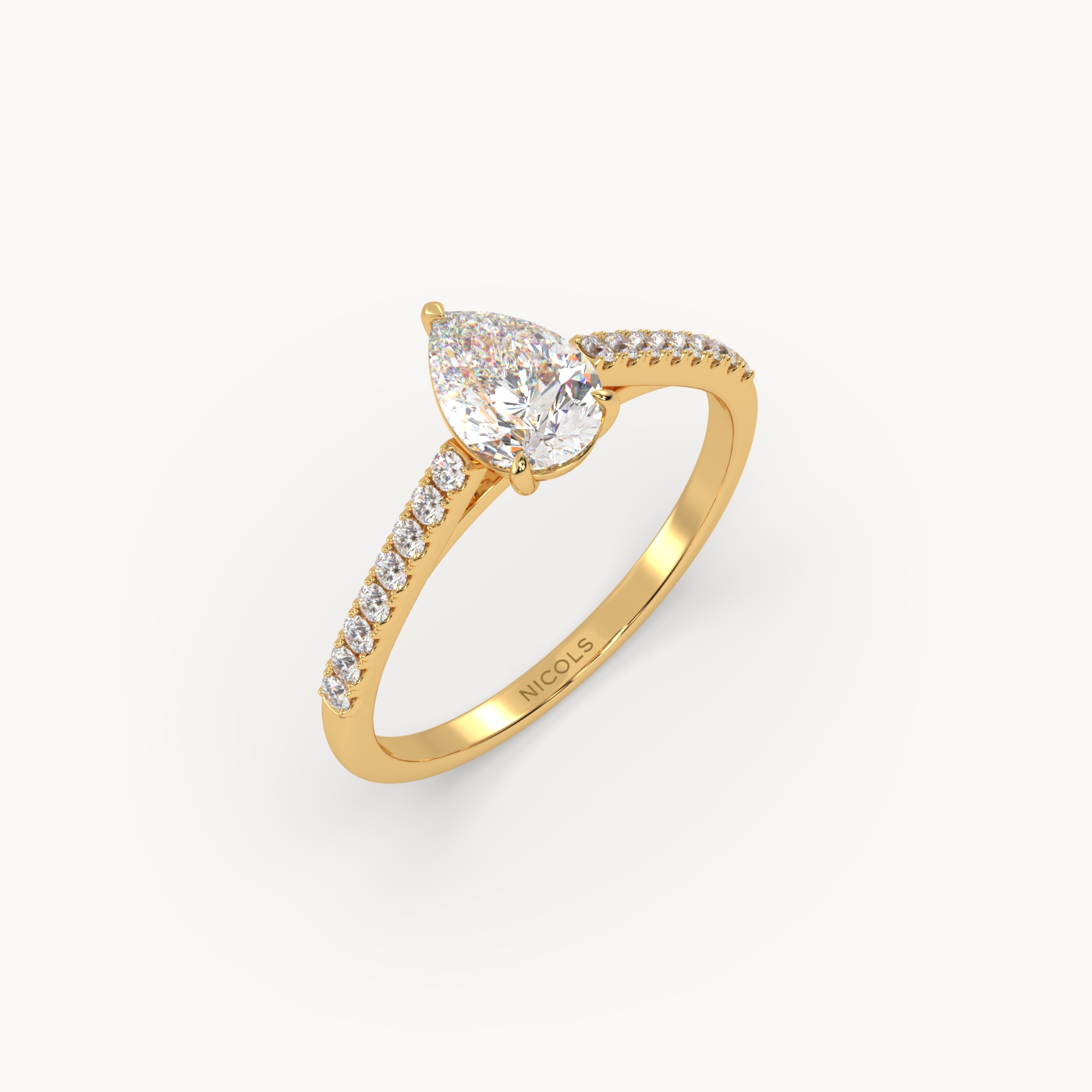 18k yellow gold  petite pavé cathedral engagement ring for 0.70ct pear diamond cut