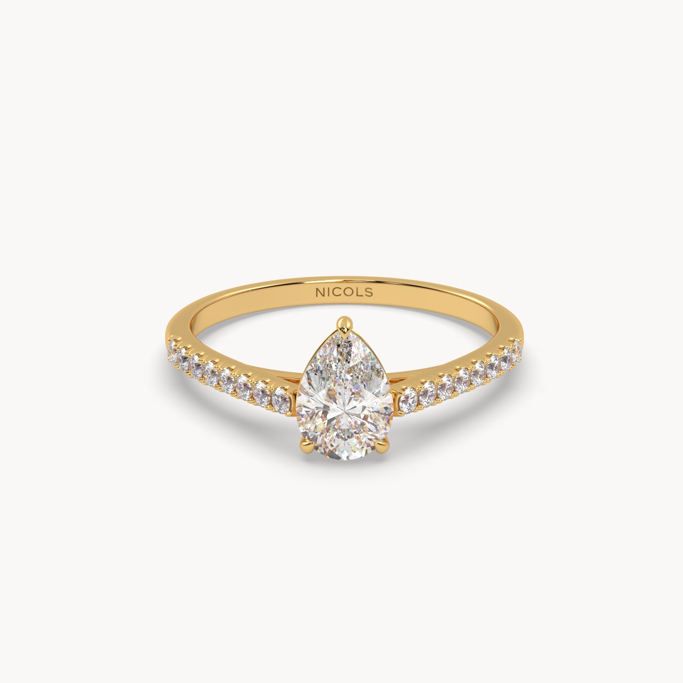18k yellow gold  petite pavé cathedral engagement ring for 0.70ct pear diamond cut