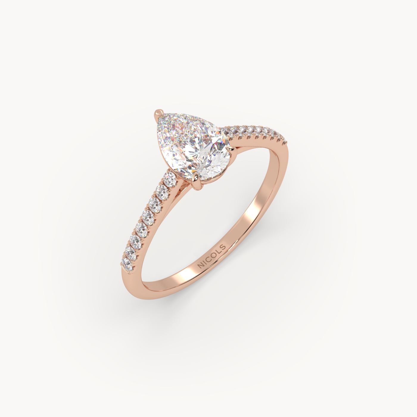 18k rose gold  petite pavé cathedral engagement ring for 1.0 ct pear diamond cut