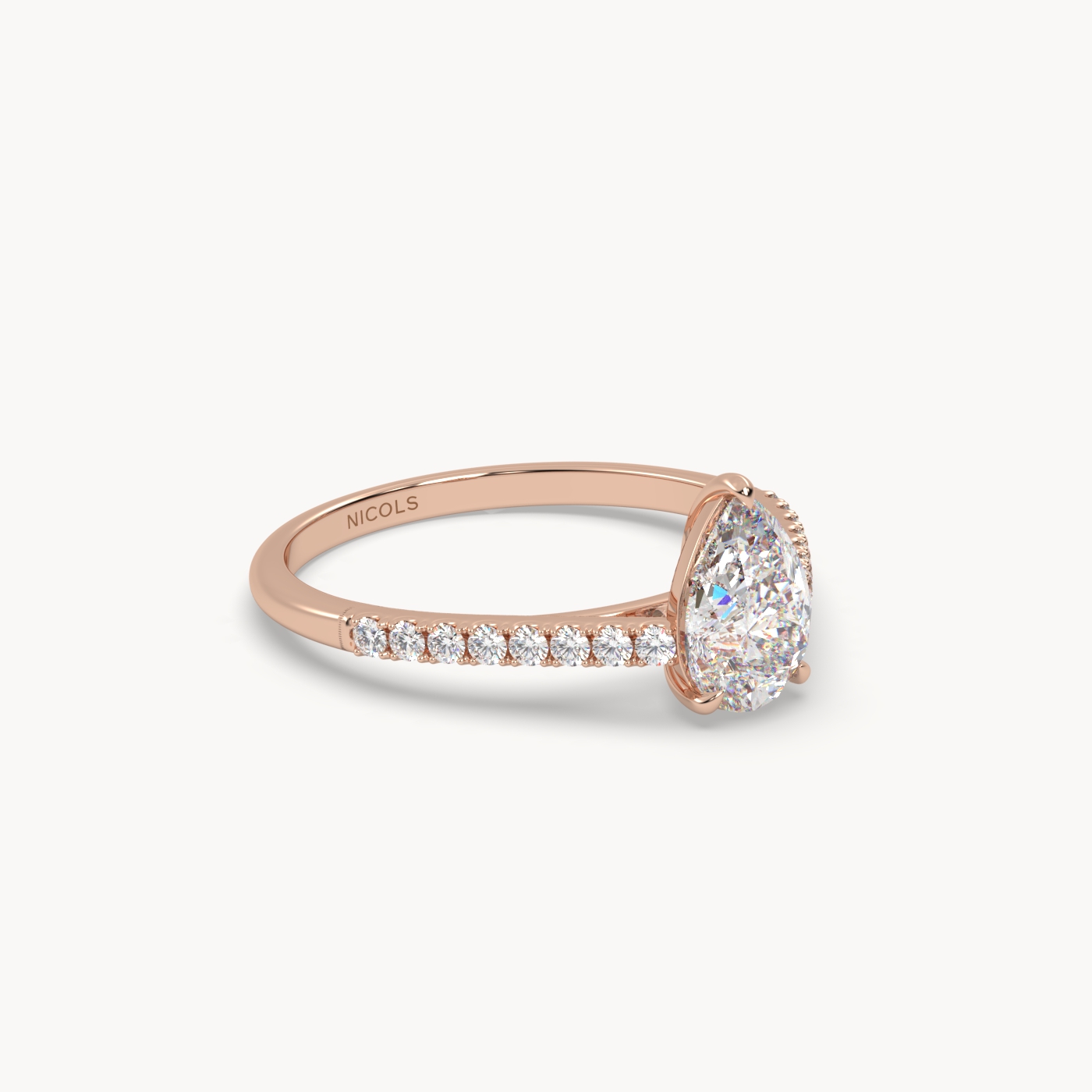 18k rose gold  petite pavé cathedral engagement ring for 1.0 ct pear diamond cut