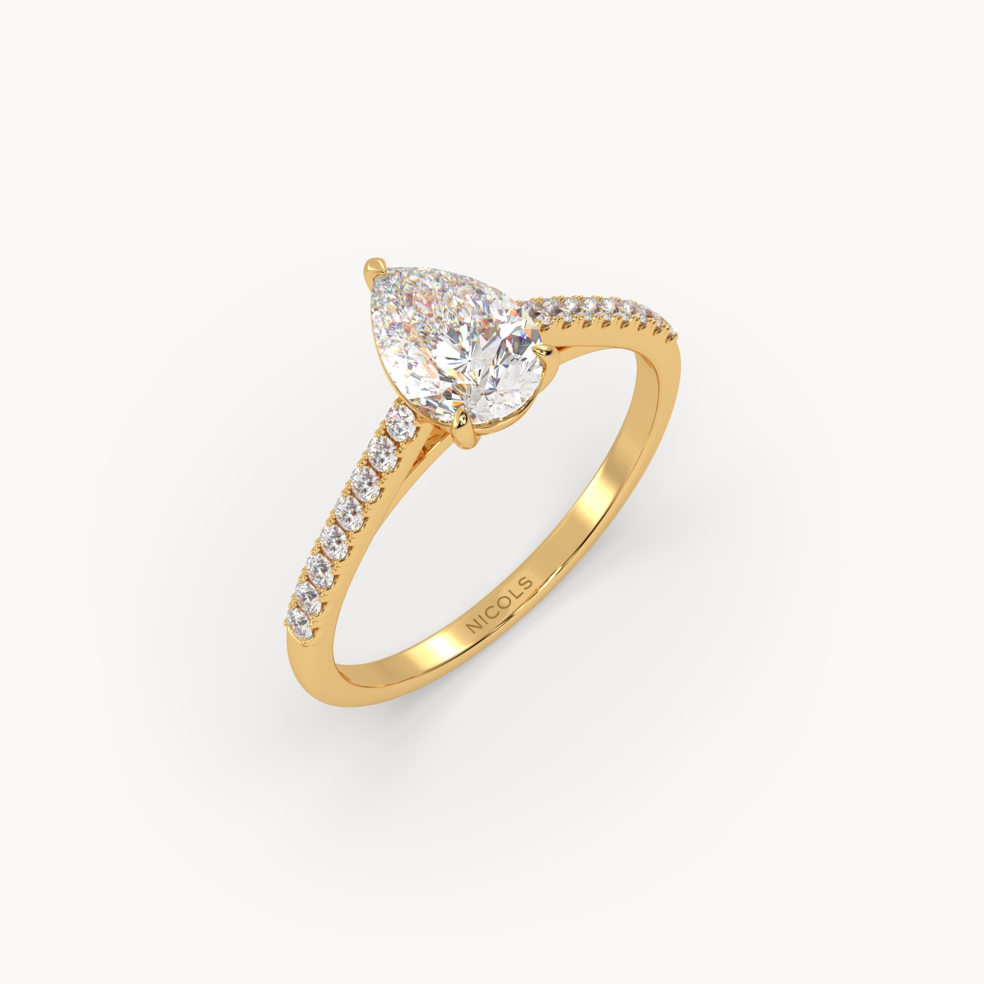 18k yellow gold  petite pavé cathedral engagement ring for 1.0 ct pear diamond cut