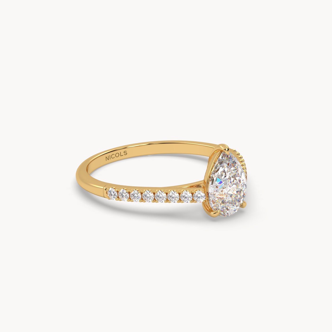 18k yellow gold  petite pavé cathedral engagement ring for 1.0 ct pear diamond cut