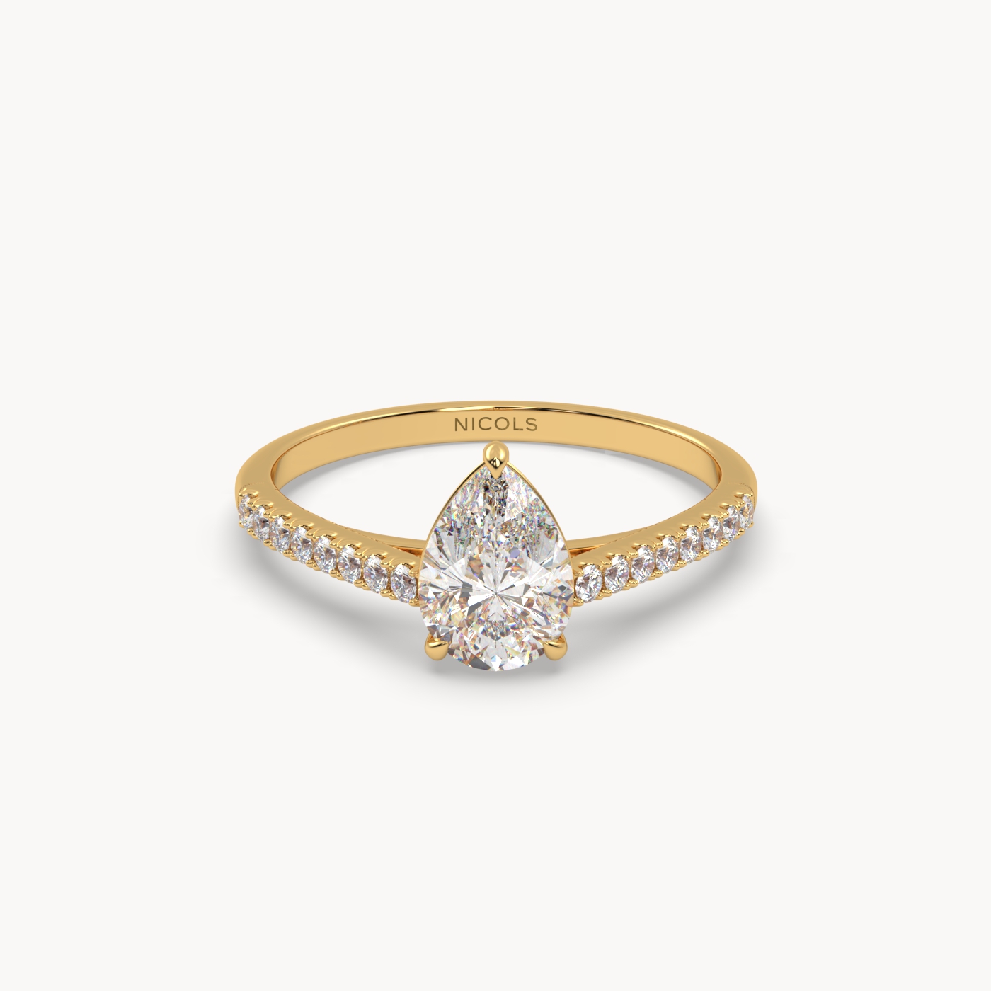 18k yellow gold  petite pavé cathedral engagement ring for 1.0 ct pear diamond cut
