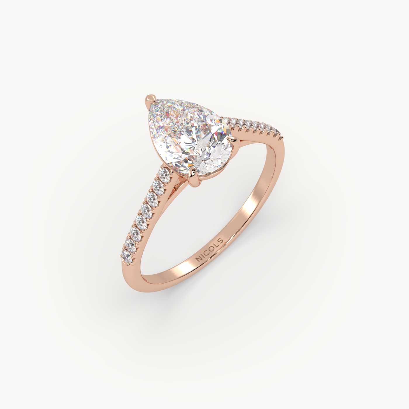 18k rose gold  petite pavé cathedral engagement ring for 1.5 ct pear diamond cut