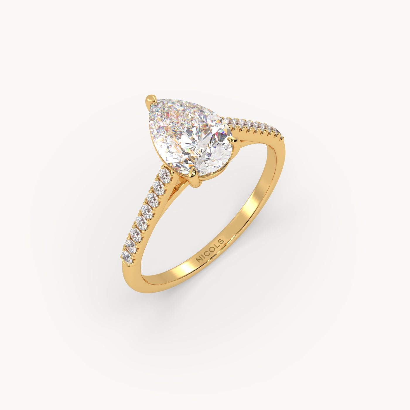 18k yellow gold  petite pavé cathedral engagement ring for 1.5 ct pear diamond cut