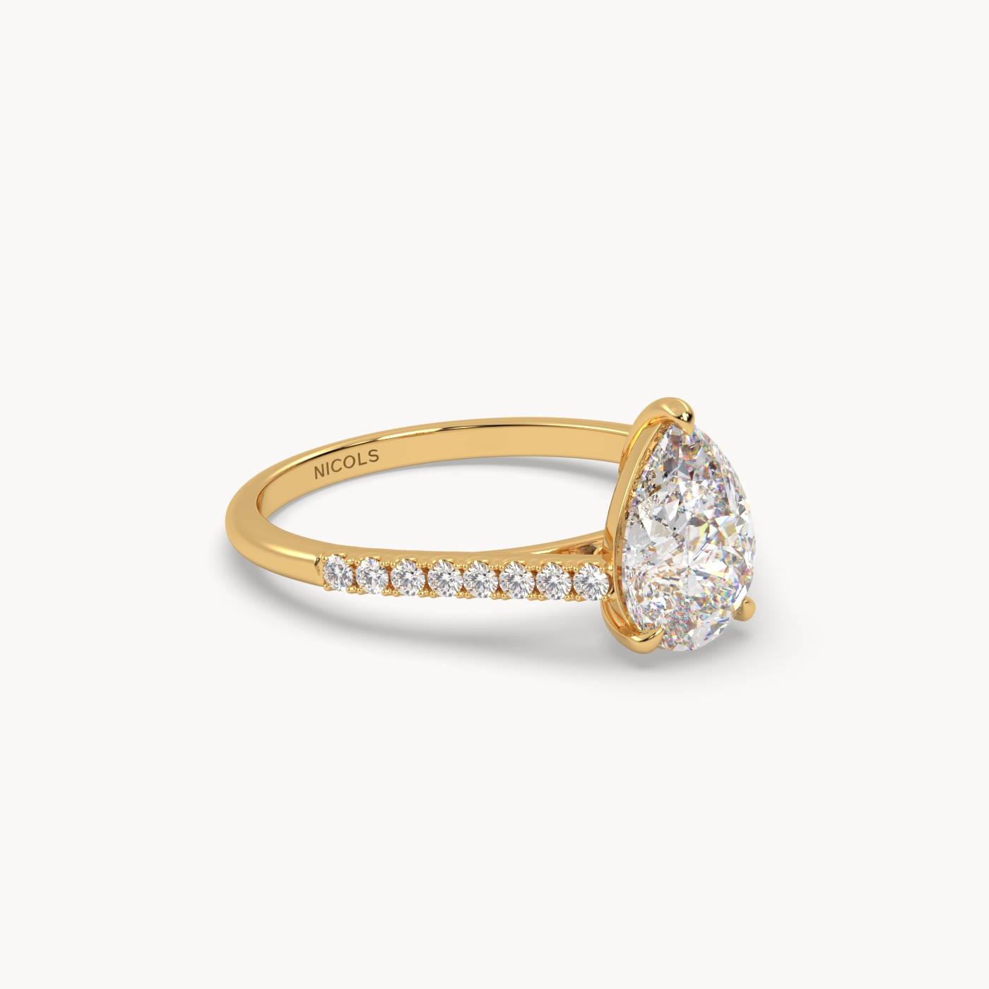 18k yellow gold  petite pavé cathedral engagement ring for 1.5 ct pear diamond cut