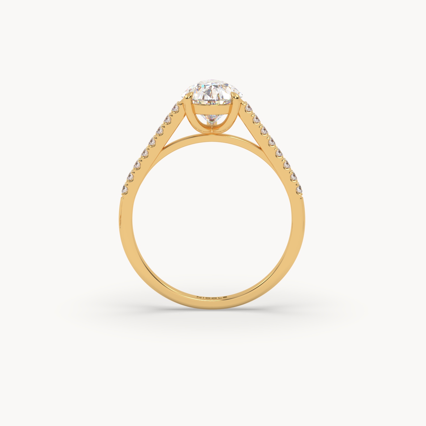18k yellow gold  petite pavé cathedral engagement ring for 1.5 ct pear diamond cut