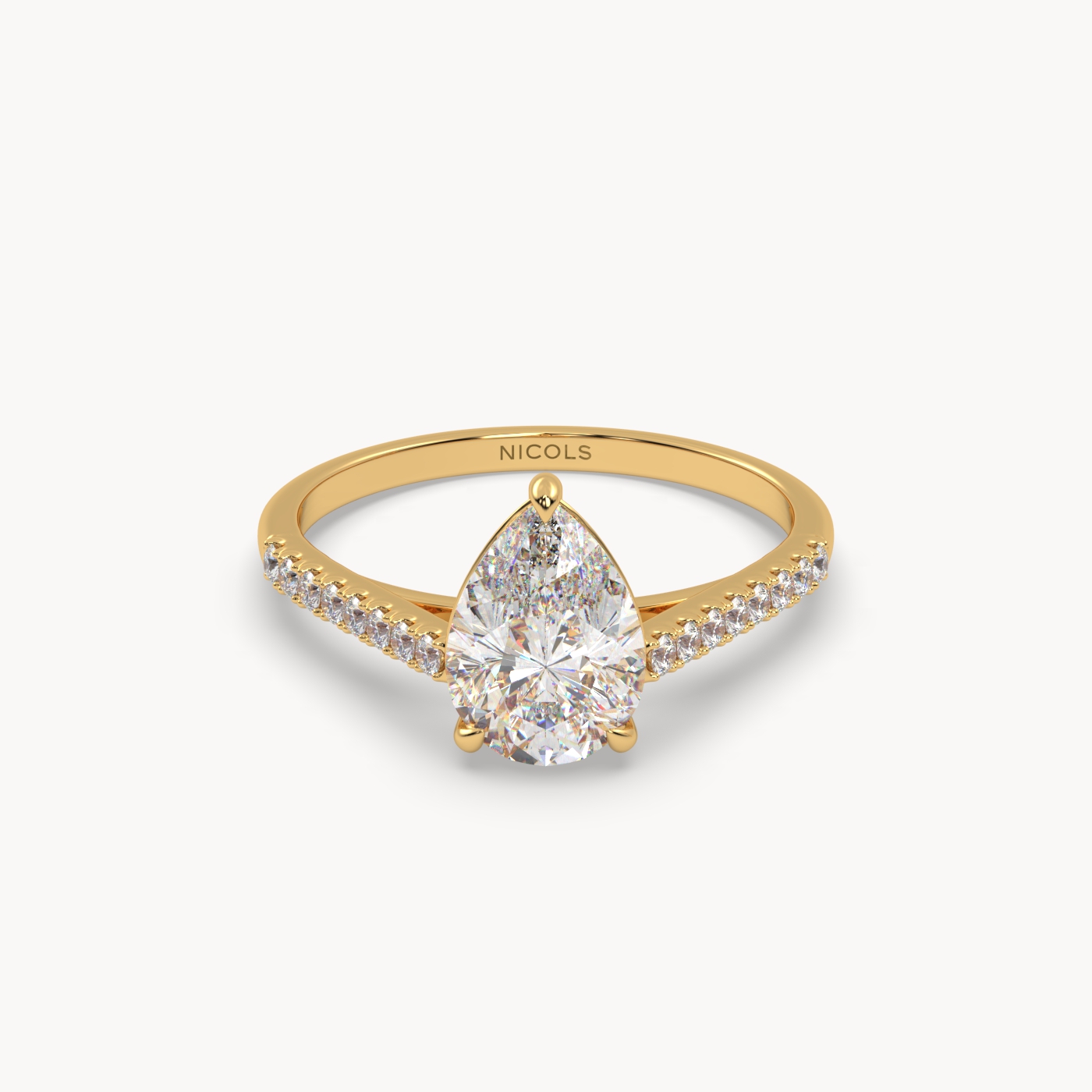 18k yellow gold  petite pavé cathedral engagement ring for 1.5 ct pear diamond cut