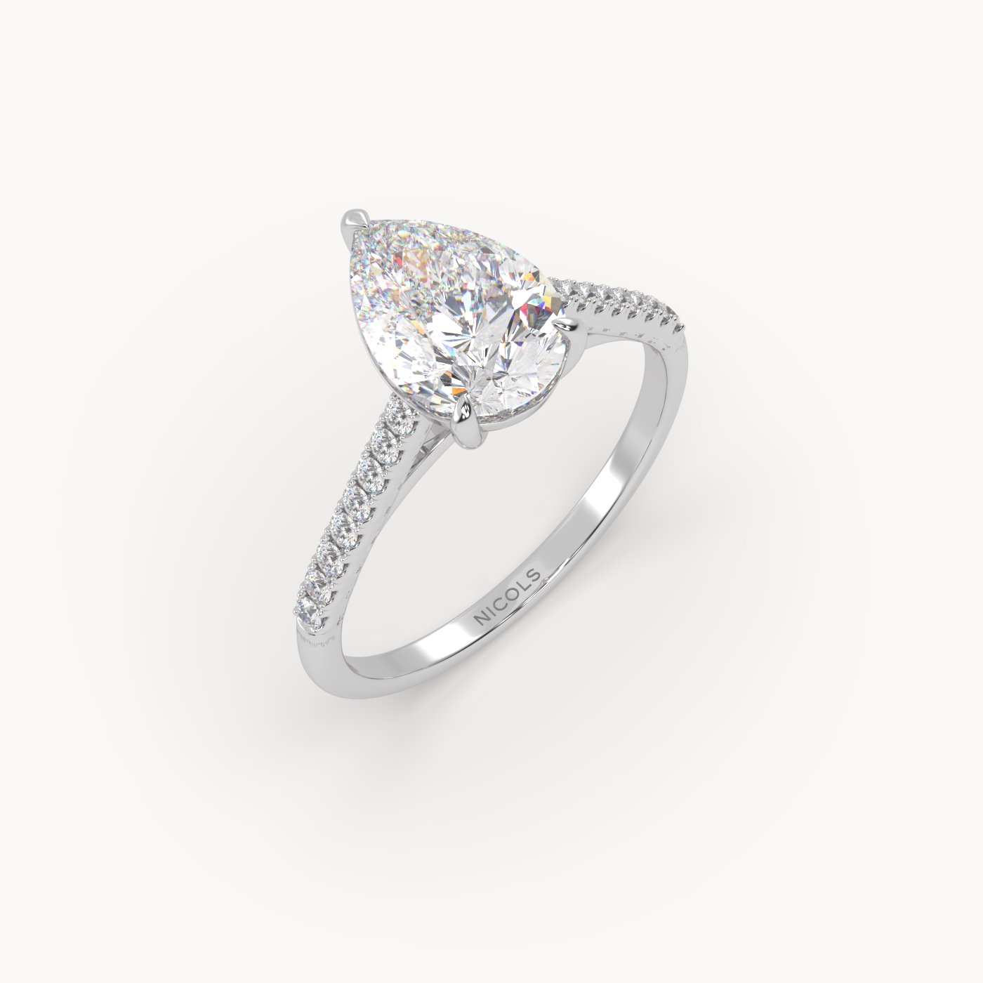 18k white gold  petite pavé cathedral engagement ring for 2.0 ct pear diamond cut