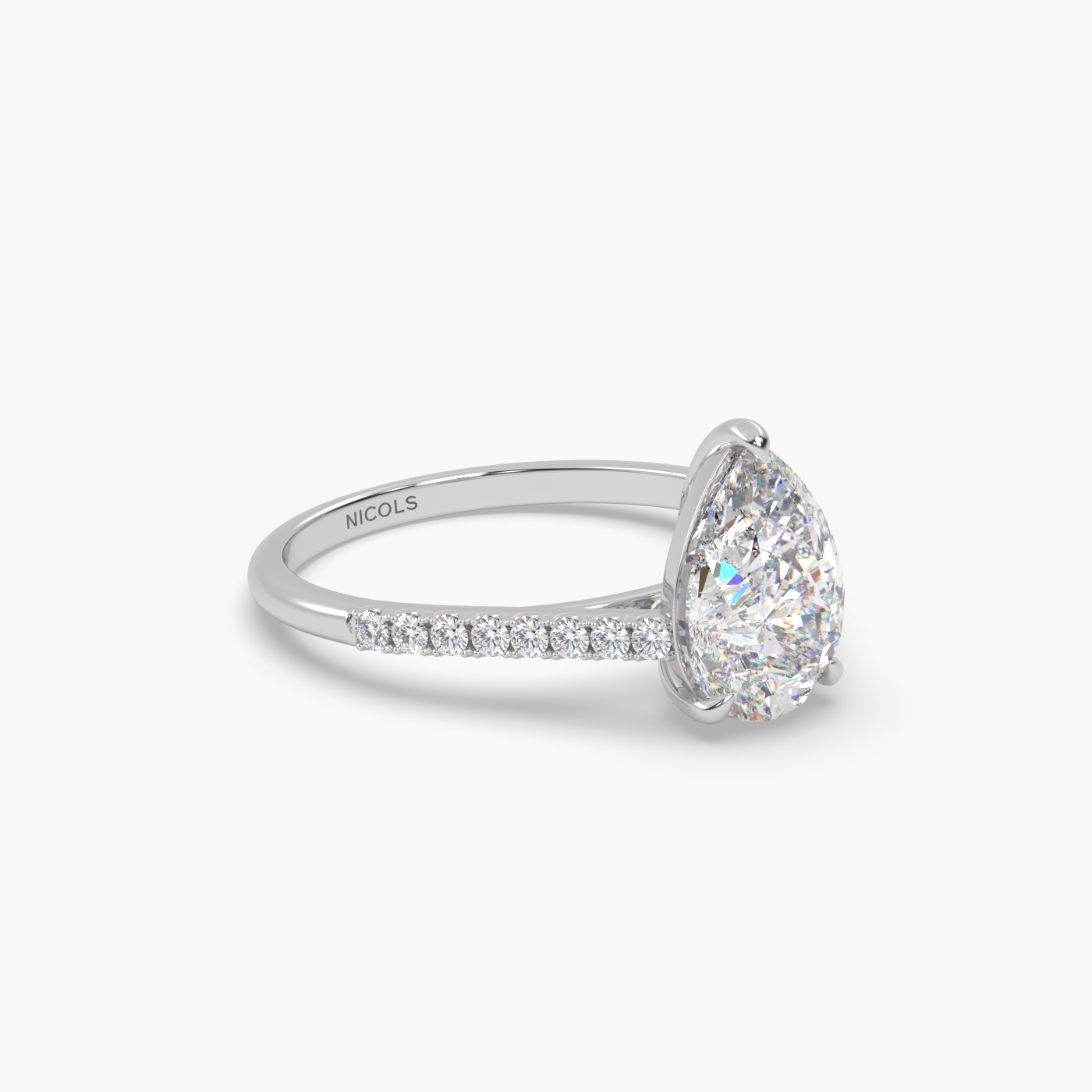 18k white gold  petite pavé cathedral engagement ring for 2.0 ct pear diamond cut