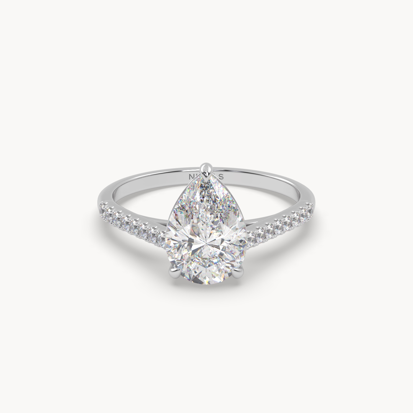 18k white gold  petite pavé cathedral engagement ring for 2.0 ct pear diamond cut