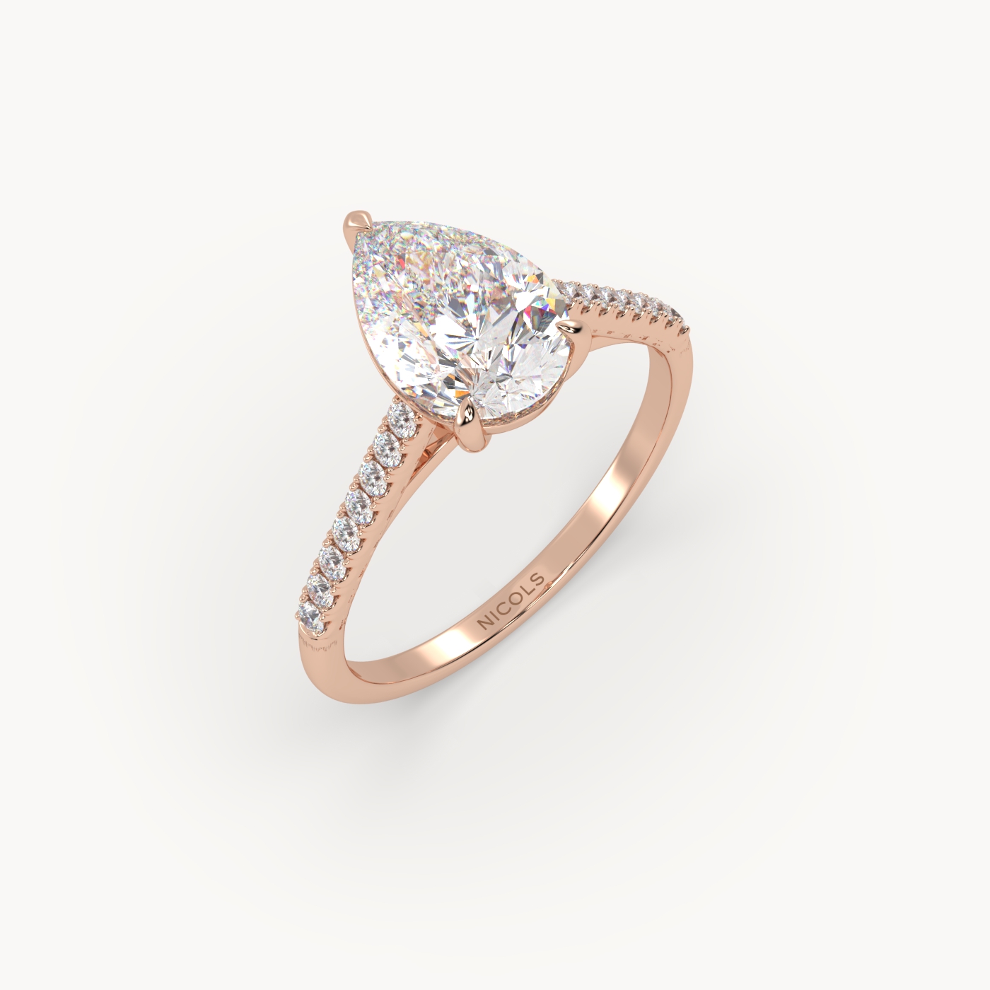 18k rose gold  petite pavé cathedral engagement ring for 2.0 pear diamond cut