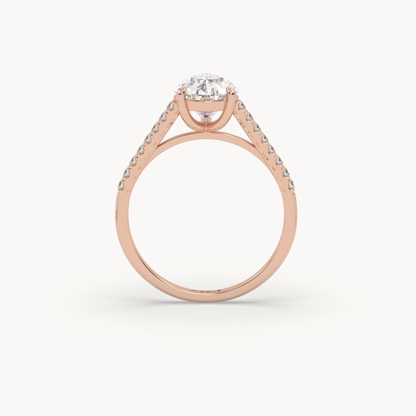 18k rose gold  petite pavé cathedral engagement ring for 2.0 pear diamond cut