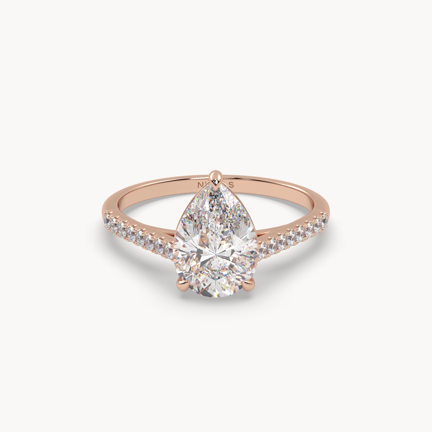 18k rose gold  petite pavé cathedral engagement ring for 2.0 pear diamond cut