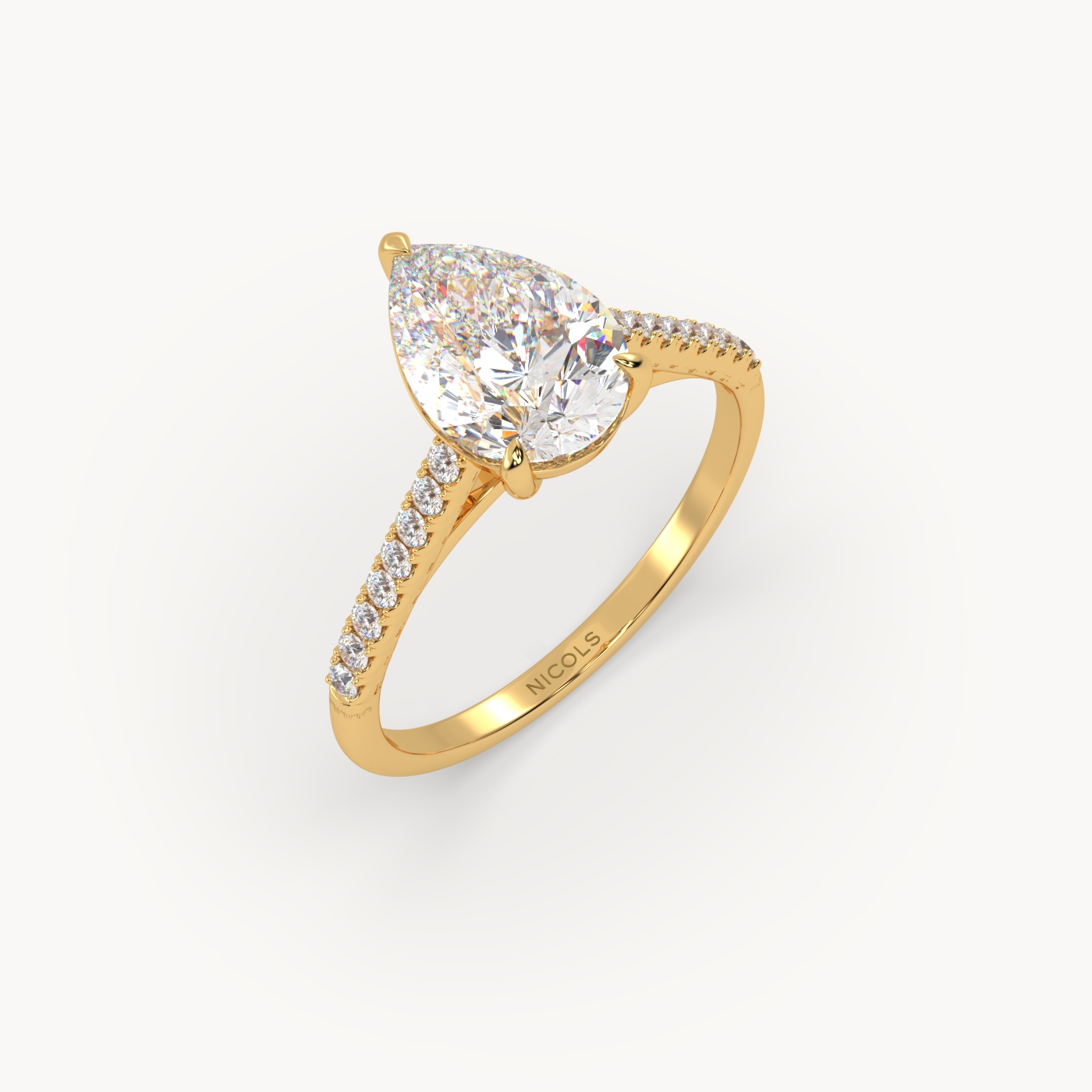 18k yellow gold  petite pavé cathedral engagement ring for 2.0ct pear diamond cut