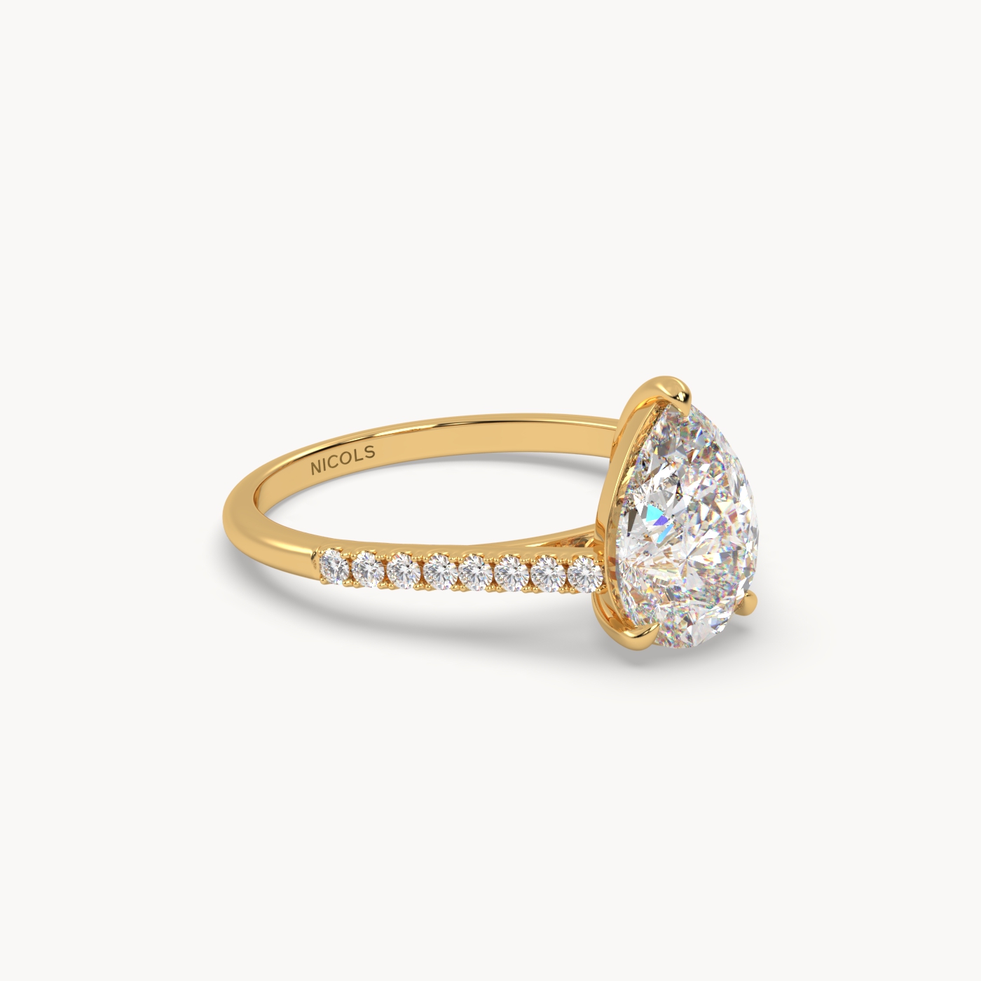 18k yellow gold  petite pavé cathedral engagement ring for 2.0ct pear diamond cut