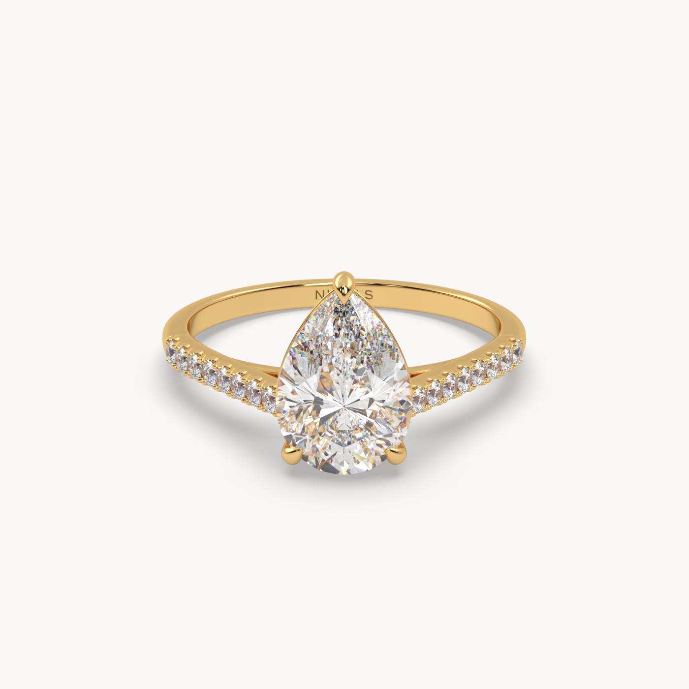 18k yellow gold  petite pavé cathedral engagement ring for 2.0ct pear diamond cut