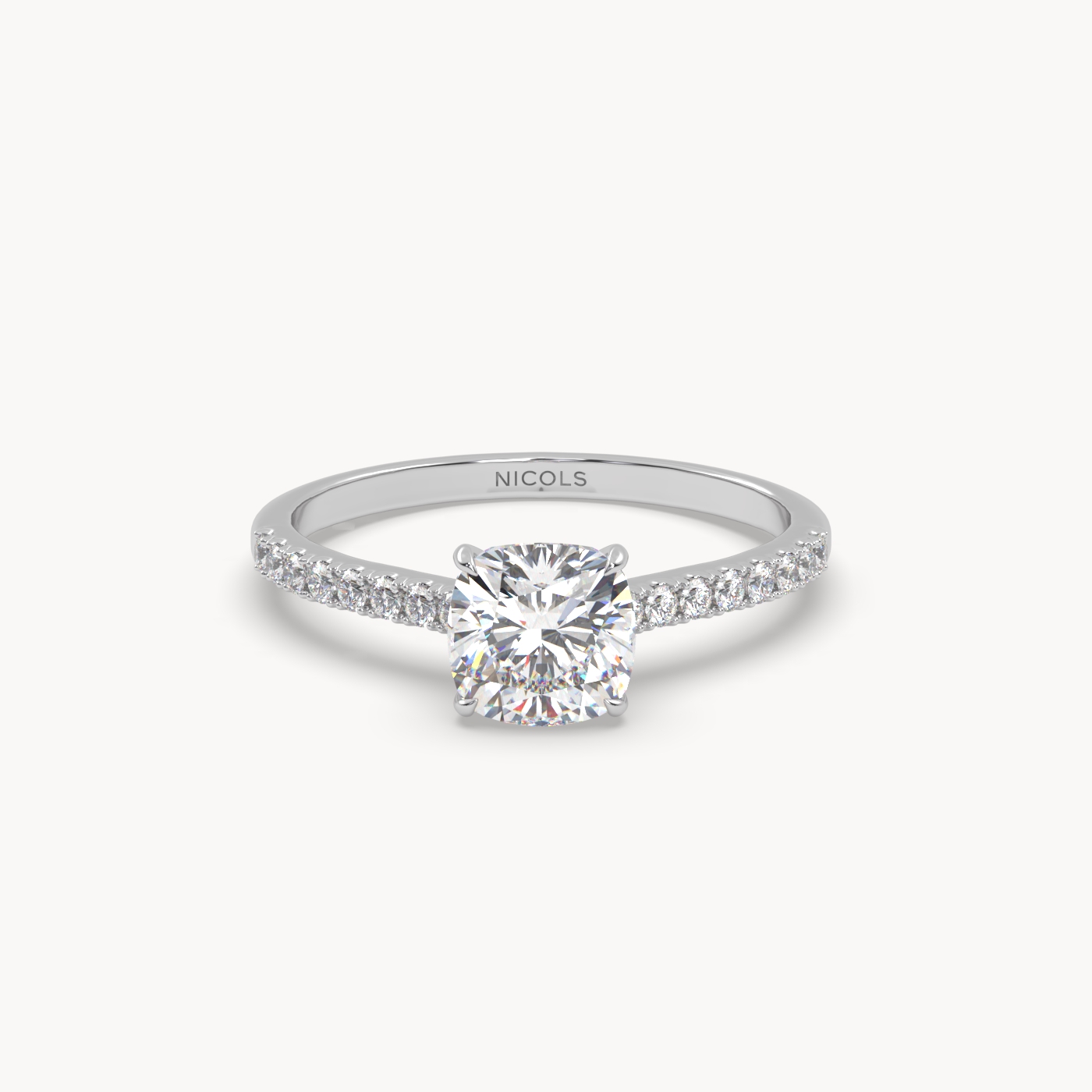 18K White Gold Petite Pavé Cathedral Engagement Ring for Cushion Diamond