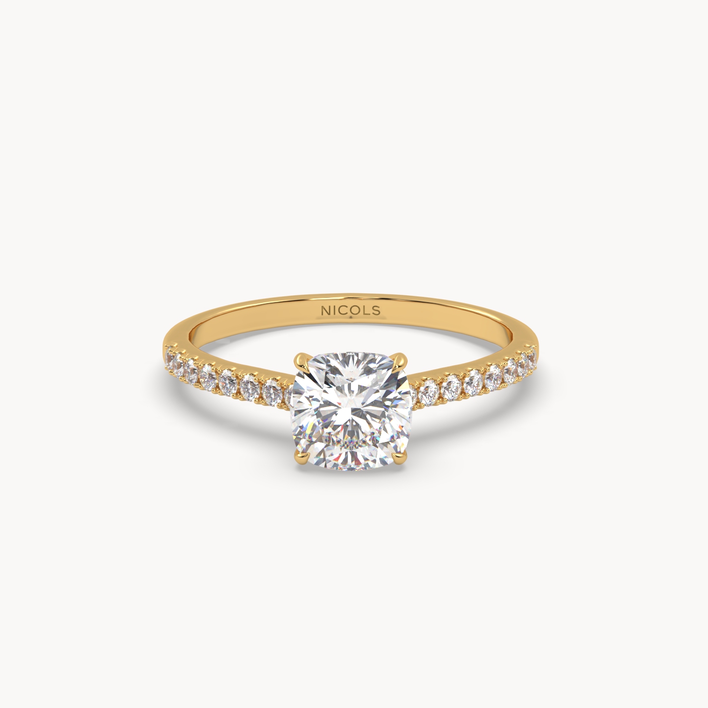 18K Yellow Gold Petite Pavé Cathedral Engagement Ring for Cushion Diamond