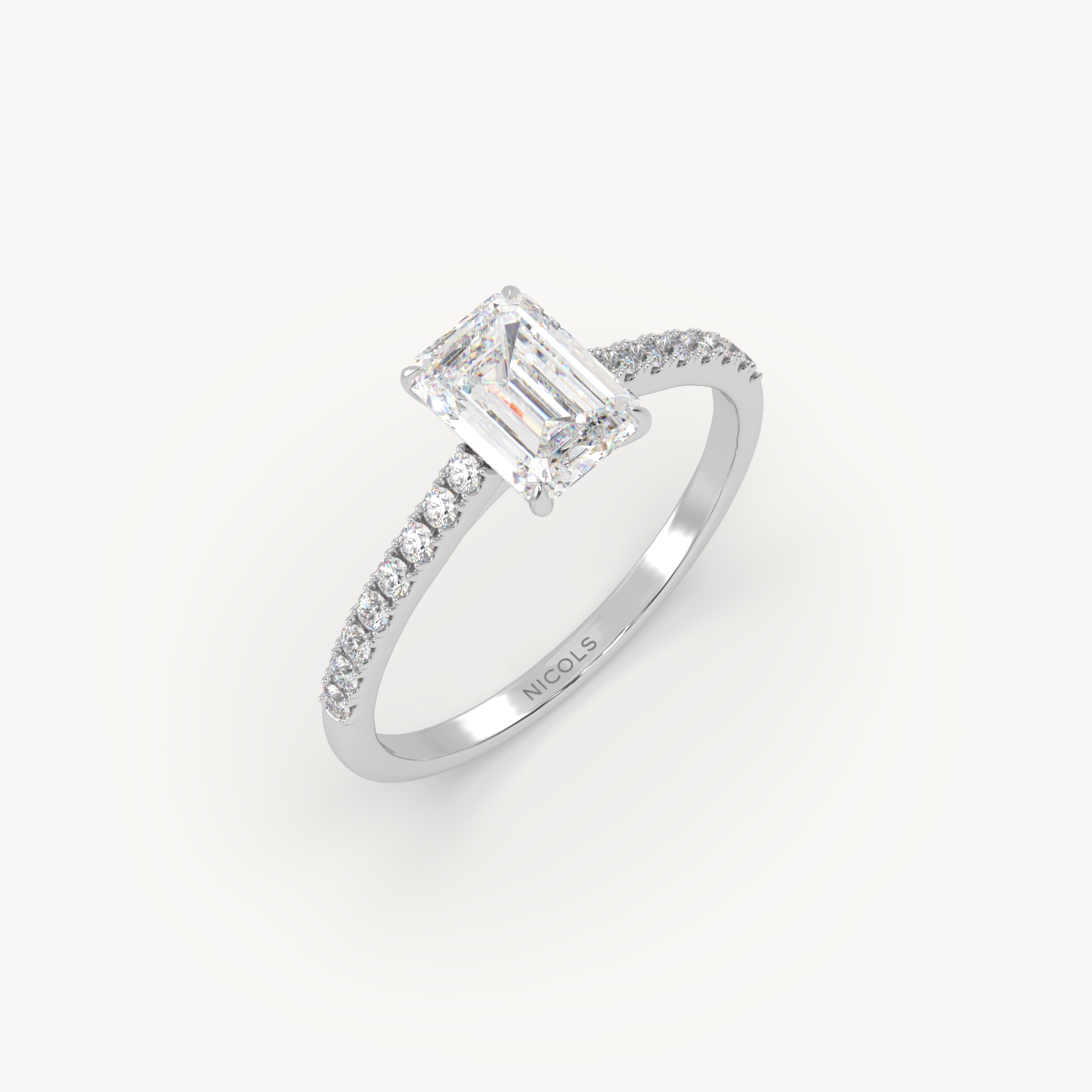 18K White Gold Petite Pavé Cathedral Engagement Ring for Emerald Cut Diamond