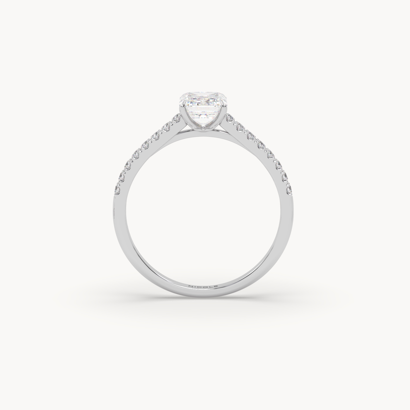 18K White Gold Petite Pavé Cathedral Engagement Ring for Emerald Cut Diamond