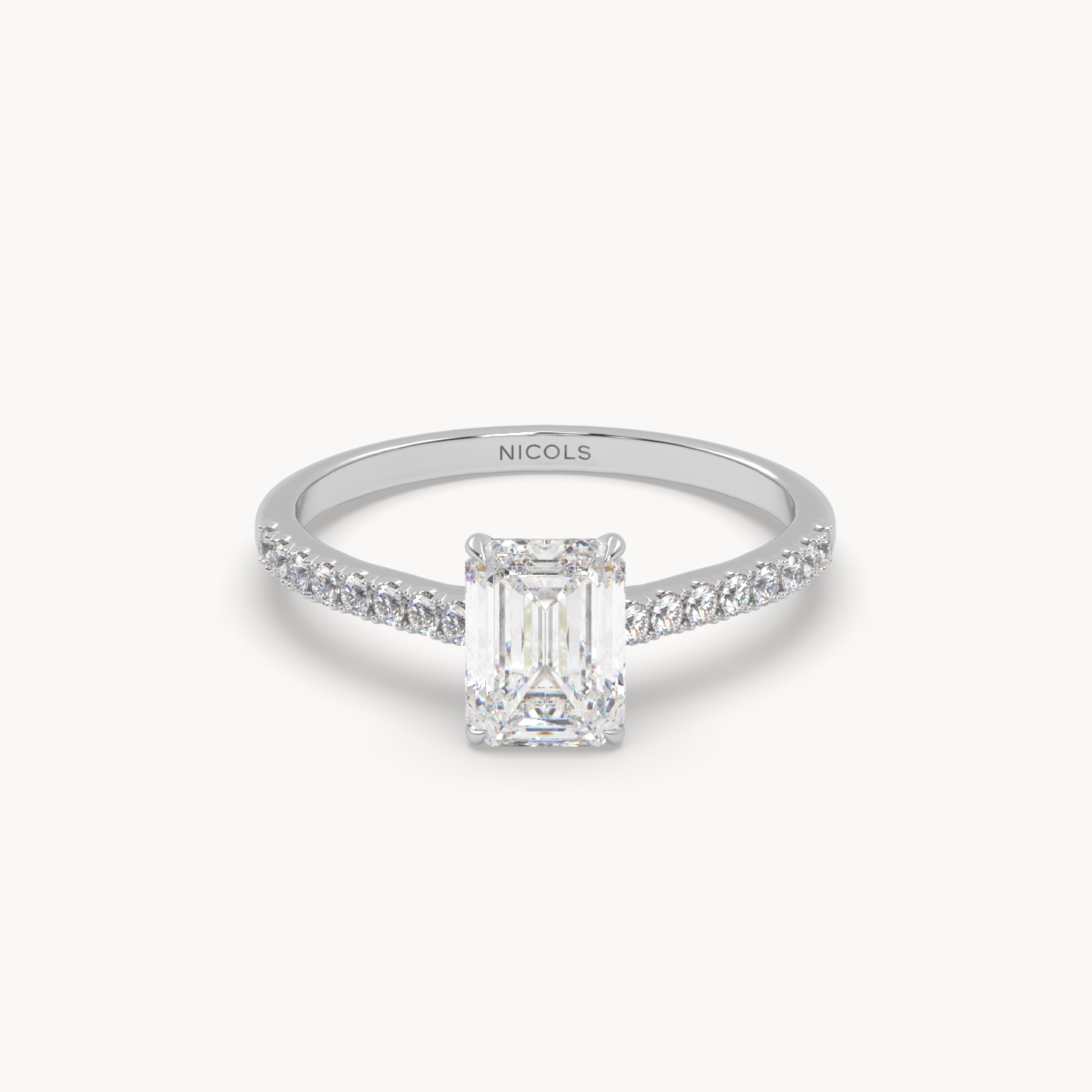18K White Gold Petite Pavé Cathedral Engagement Ring for Emerald Cut Diamond