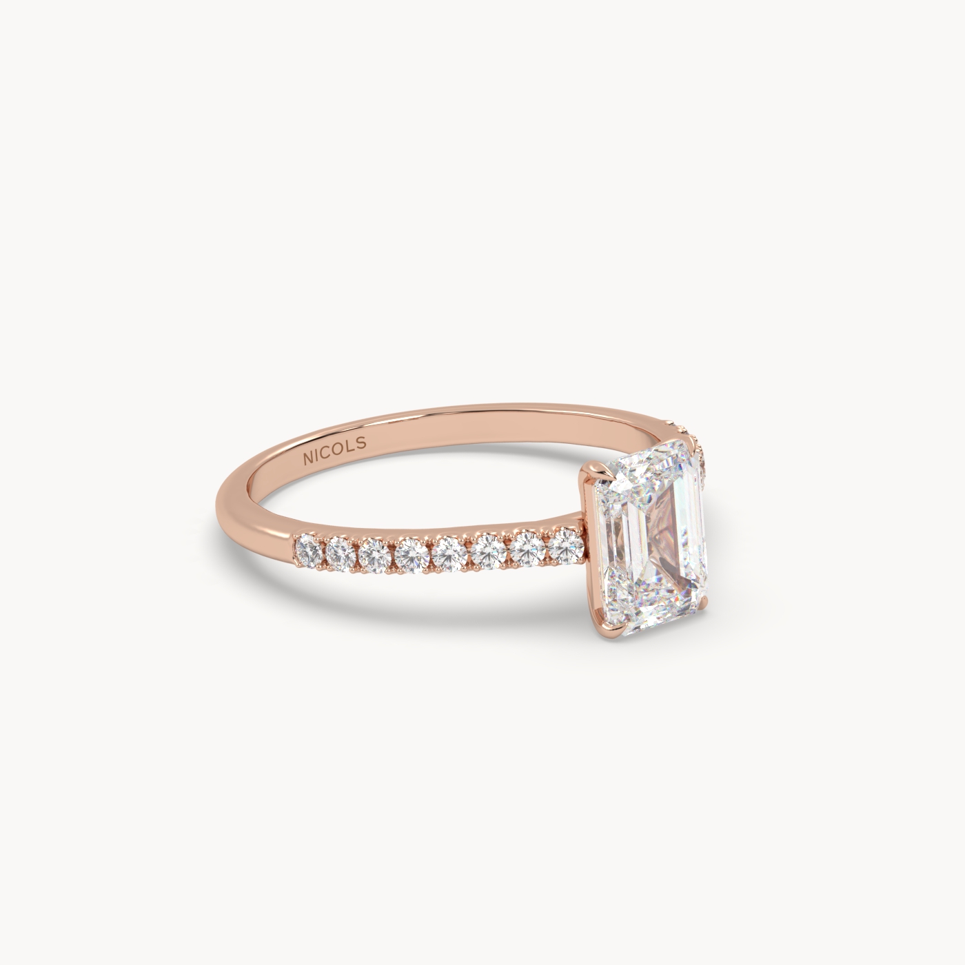 18K Rose Gold Petite Pavé Cathedral Engagement Ring for Emerald Cut Diamond