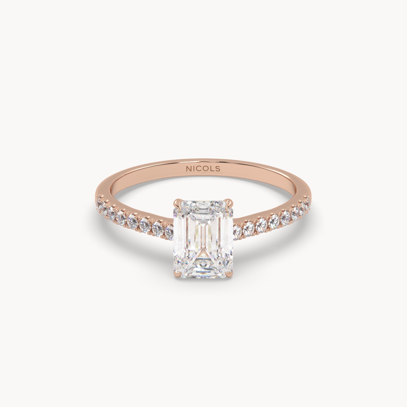 18K Rose Gold Petite Pavé Cathedral Engagement Ring for Emerald Cut Diamond