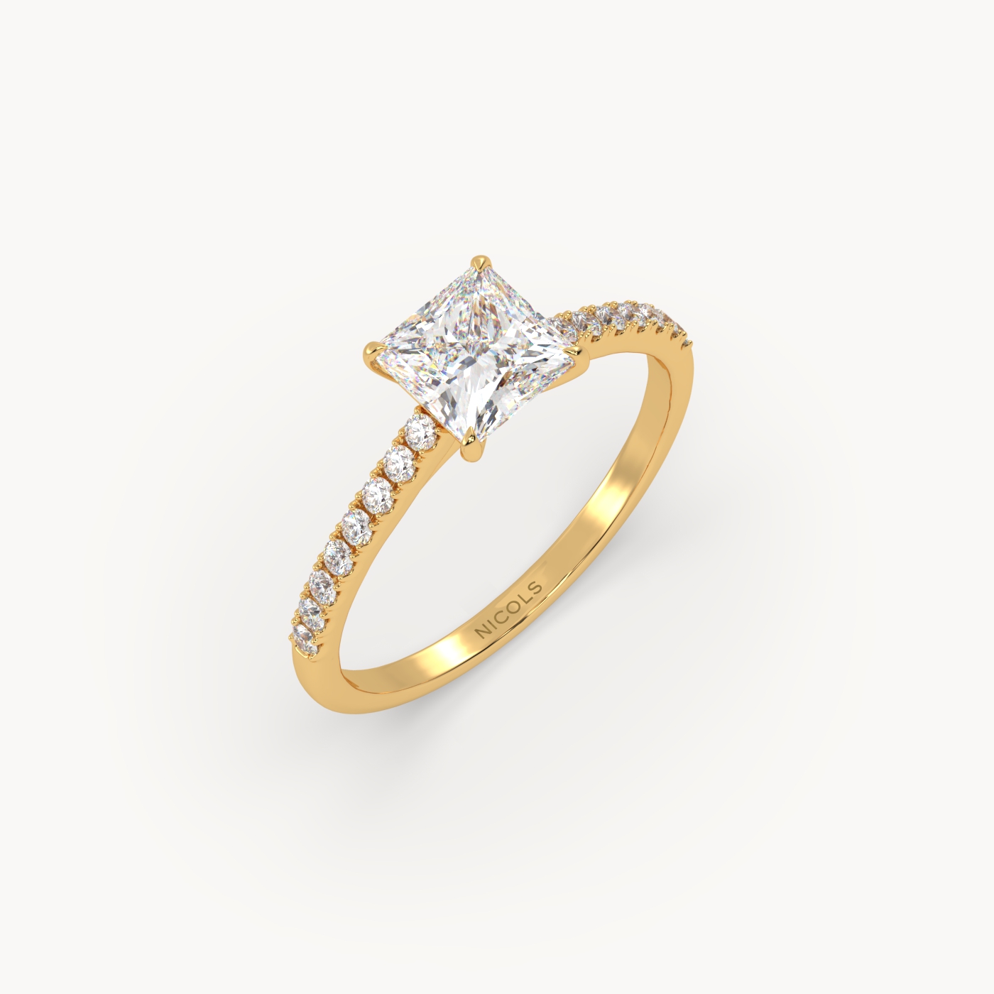 18K Yellow Gold Petite Pavé Cathedral Engagement Ring for 1ct Princess Diamond