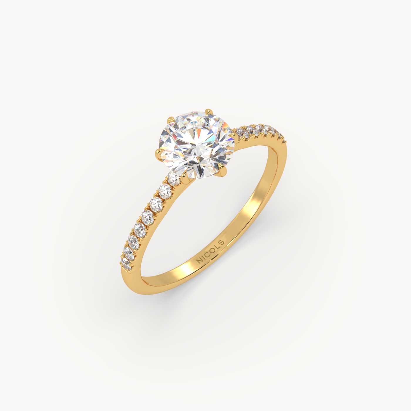 18K Yellow Gold Six-Prong Pavé Cathedral Engagement Ring for 1ct Round Diamond