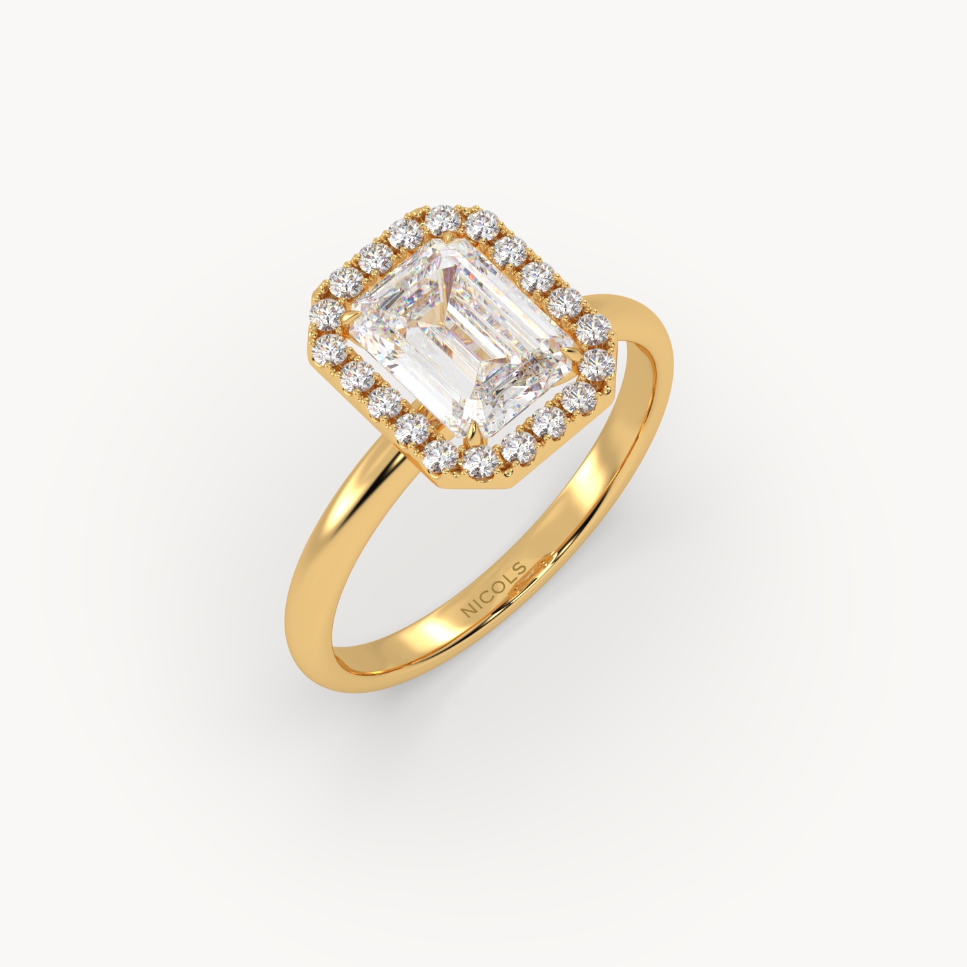 18K Yellow Gold Emerald Halo Diamond Ring