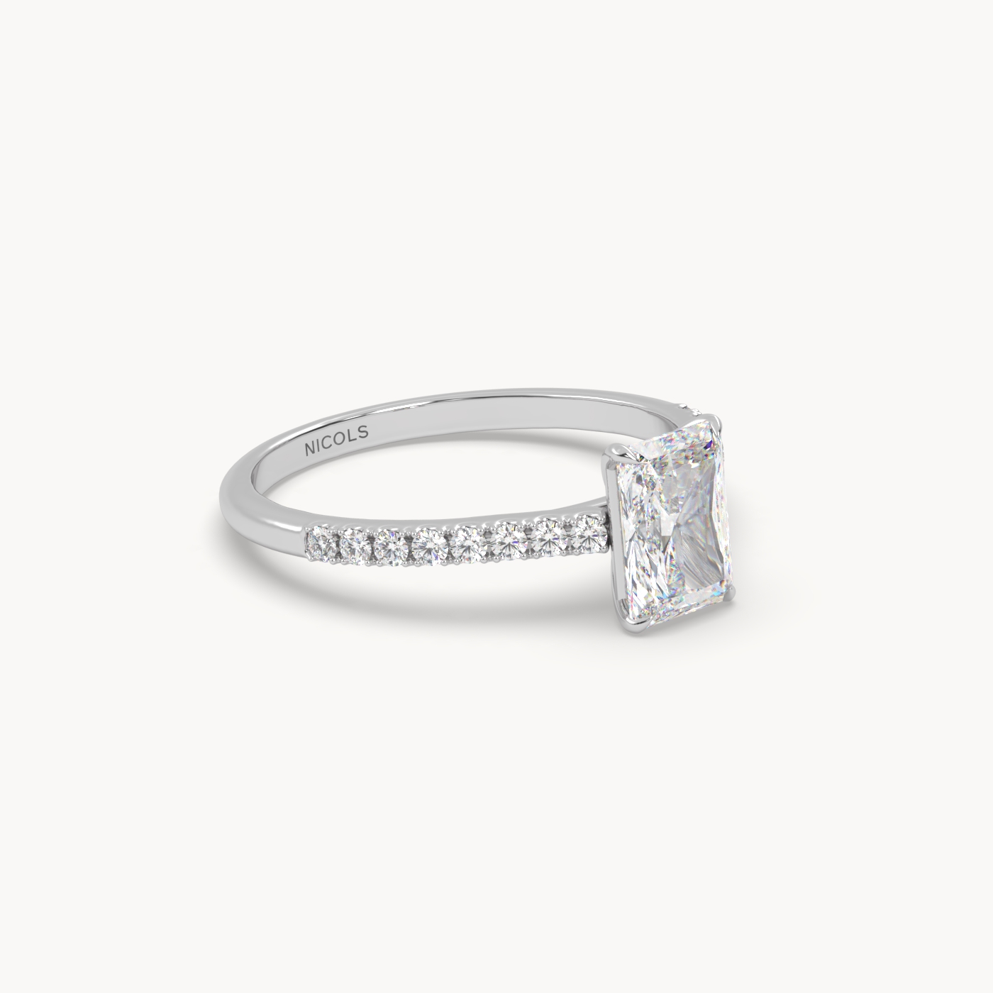 18K White Gold Pavé Radiant Diamond Cathedral Engagement Ring